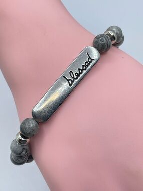 Silver Tone Jasper Stone Blessed Stretch Bracelet Beaded Boho